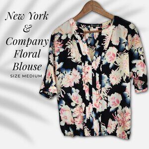 NY & Co 7th Avenue Black Floral Blouse | Size Medium